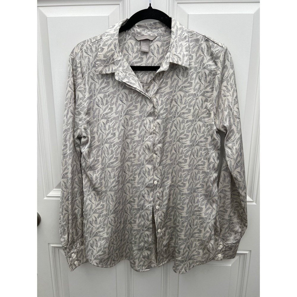 HM Womens Black White Abstract Leaf Print Button Down Shirt Long Sleeve Size M